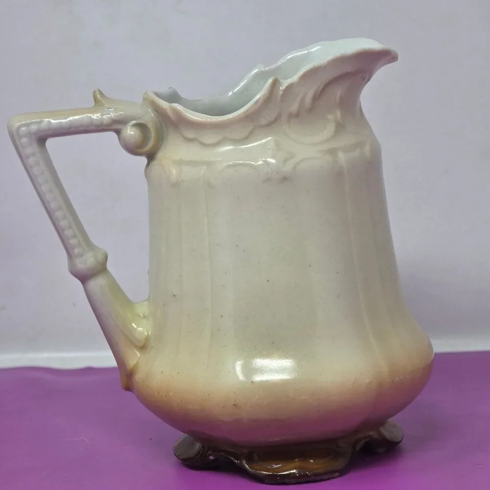 Antique Austrian‎ Floral Ceramic Creamer With Gold Trim & Scalloped Rim